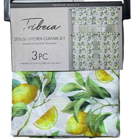 Tribeca Cafe Curtain Set Lemon Print 3 Piece Tier Set Fruit Floral White Yellow - Picture 8 of 15